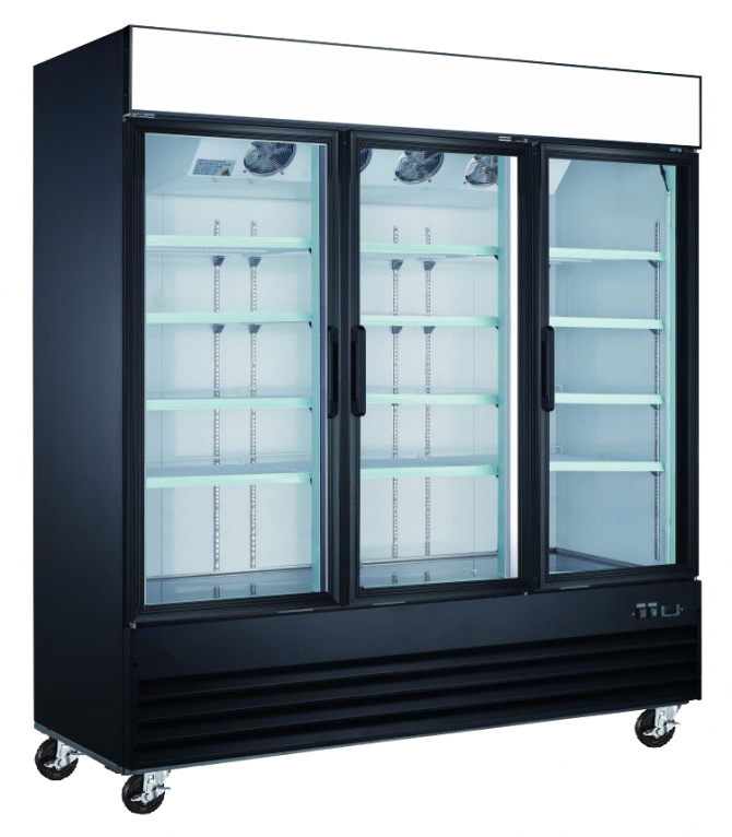 EFI F3-78GDVCX 78" Black Exterior Hinged Glass 3 Doors Reach In Freezer Bottom Mount