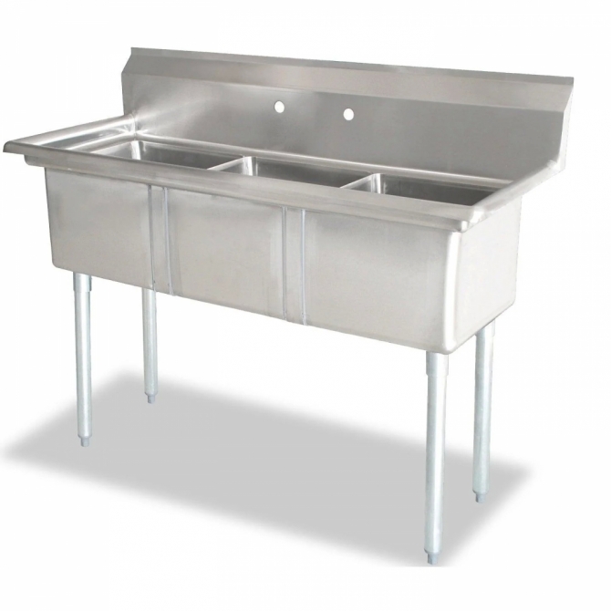 Omcan 22114 Three Tub Sink stainless steel with 1.8" Corner Drain Without Drainboard