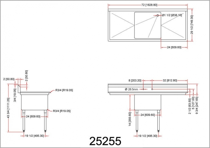 Omcan 25255 One Tub Sink Stainless Steel  with 1.8" Corner Drain with LEFT and RIGHT Drainboard