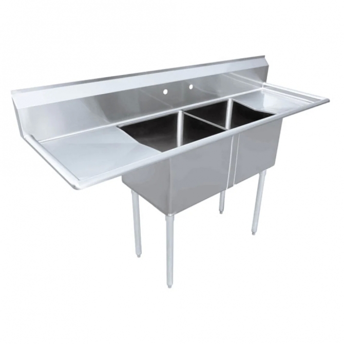 Omcan 25258 Two Tub Sink Stainless Steel  with 1.8" Corner Drain with LEFT and RIGHT Drainboard
