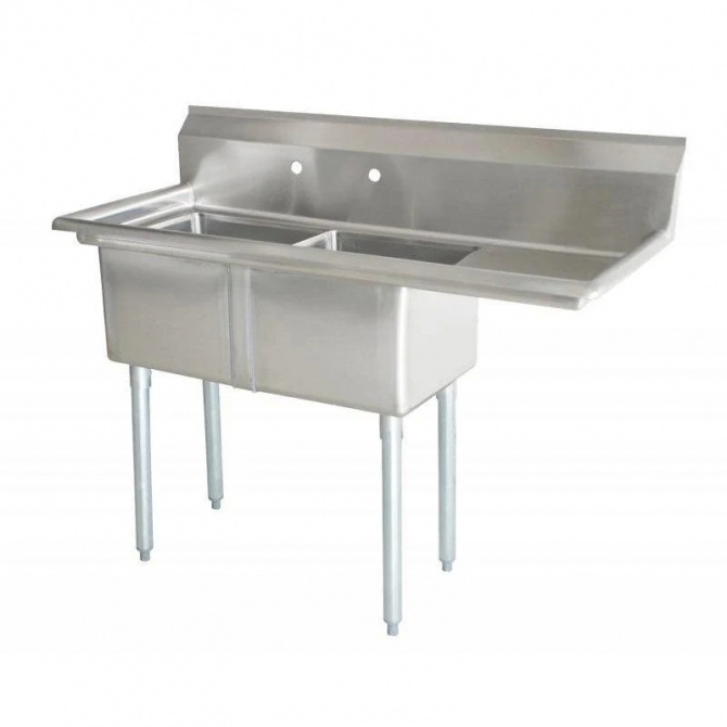 Omcan 25268 Two Tub Sink Stainless Steel with 1.8" Corner Drain and RIGHT Drainboard