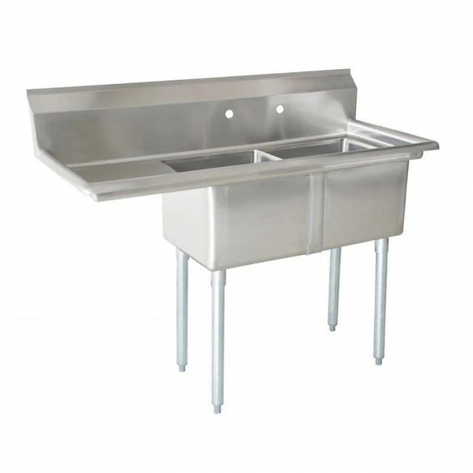 Omcan 25269 Two Tub Sink Stainless Steel  with 1.8" Corner Drain with LEFT and RIGHT Drainboard