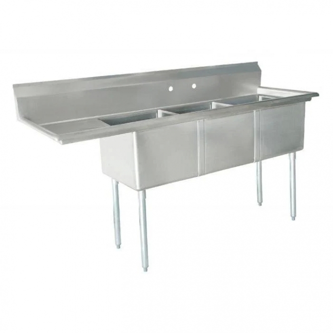 Omcan 25271 Three Tub Sink Stainless Steel with 1.8" Corner Drain and LEFT Drainboard