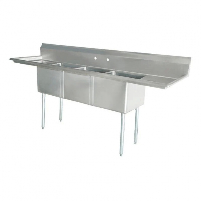 Omcan 25273 Three Tub Sink Stainless Steel  with 1.8" Corner Drain with LEFT and RIGHT Drainboard