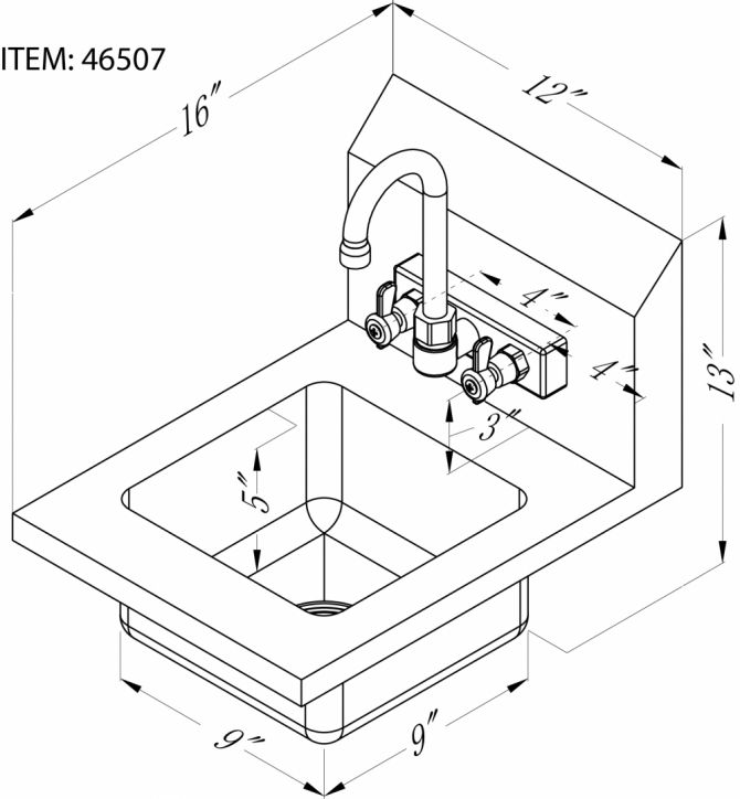 Omcan 46507  Stainless steel wall mounted hand Sink 12" x 16" with 4" Gooseneck Faucet - 9"x 9" x 5" Bowl size