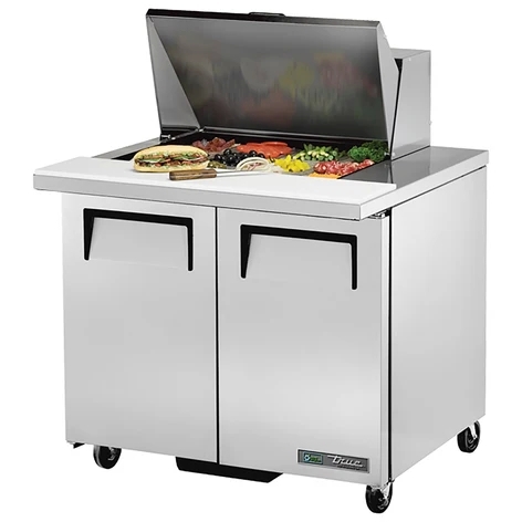True 36" MEGA Stainless Steel Hinged Solid 2 Doors Sandwich table / Prep Cooler TSSU-36-12M-B-HC