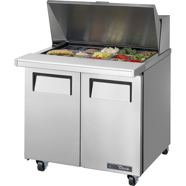 True 36" MEGA Stainless Steel Hinged Solid 2 Doors Sandwich table / Prep Cooler TSSU-36-15M-B-HC