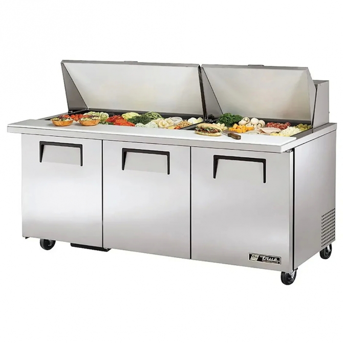 True 72" MEGA Stainless Steel Hinged Solid 3 Doors Sandwich table / Prep Cooler TSSU-72-30M-B-ST-HC