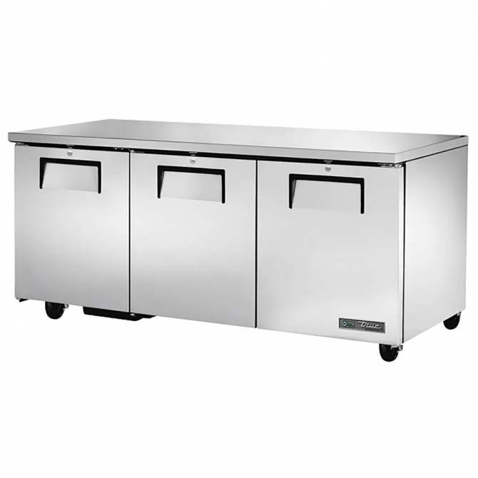 True 72" Stainless Steel Hinged Solid 3 Doors Under Counter Cooler TUC-72-HC
