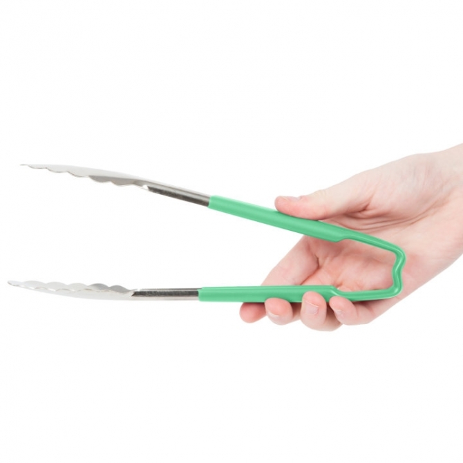 Vollrath 4780970 with Green handle one-piece scalloped 9" tongs 