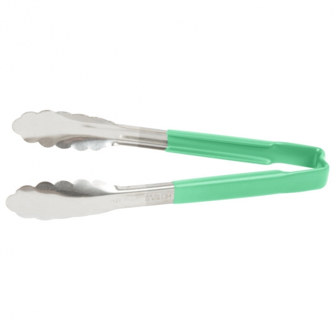 Vollrath 4780970 with Green handle one-piece scalloped 9" tongs 