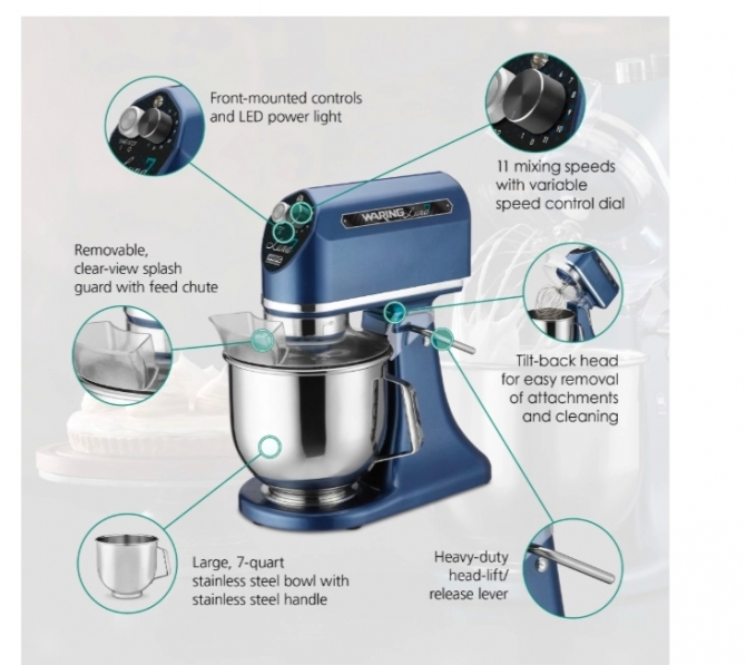 Waring WSM7L "Luna Series" 7 Qt Planetary Mixer with Dough Hook, Mixing Paddle, & Whisk