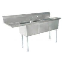 Omcan 25271 Three Tub Sink Stainless Steel with 1.8" Corner Drain and LEFT Drainboard