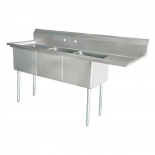 Omcan 25272 Three Tub Sink Stainless Steel with 1.8" Corner Drain and RIGHT Drainboard
